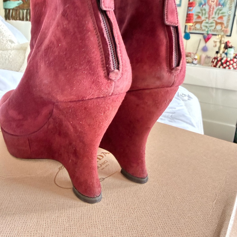 Prada Burgundy Suede Wedge Boots - Picture 4 of 15